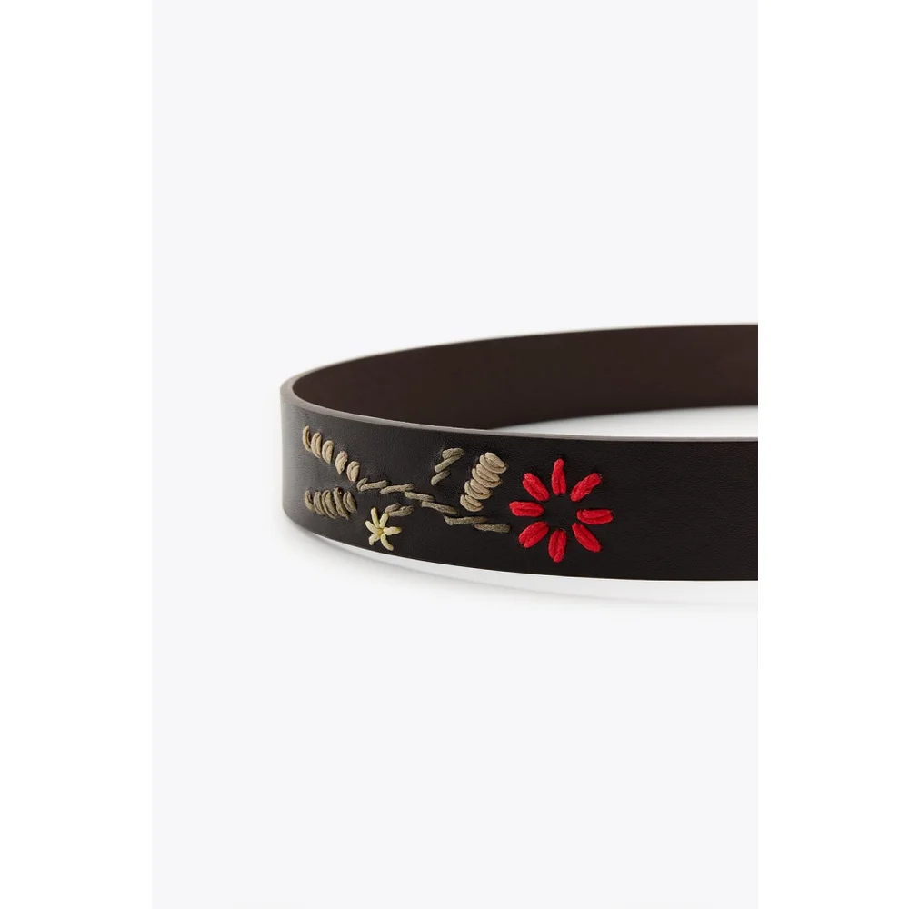 Leather Belt with Floral Embroidery Size 30 US